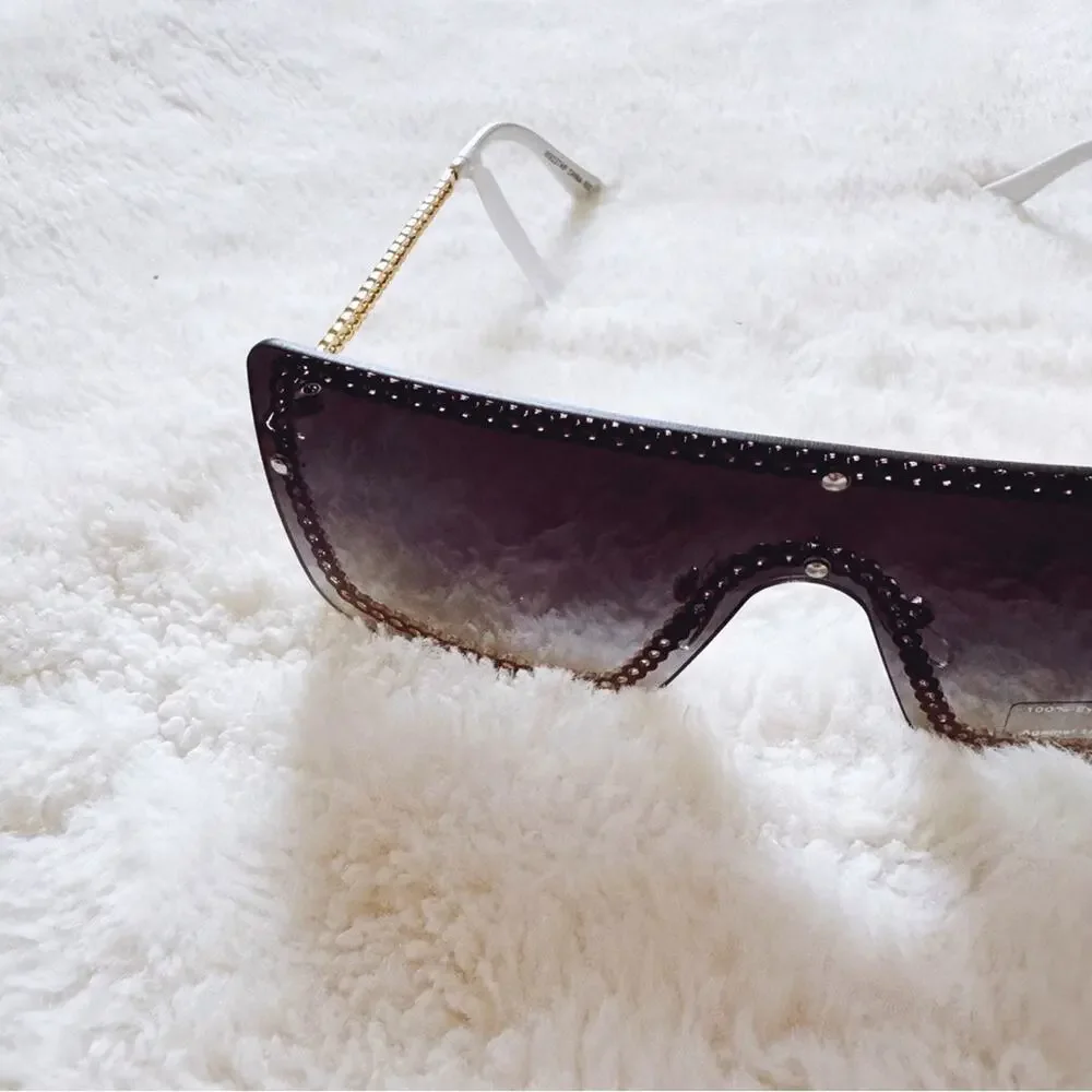 Christine Black Two Tone White Chain Oversized Shield Sunglasses